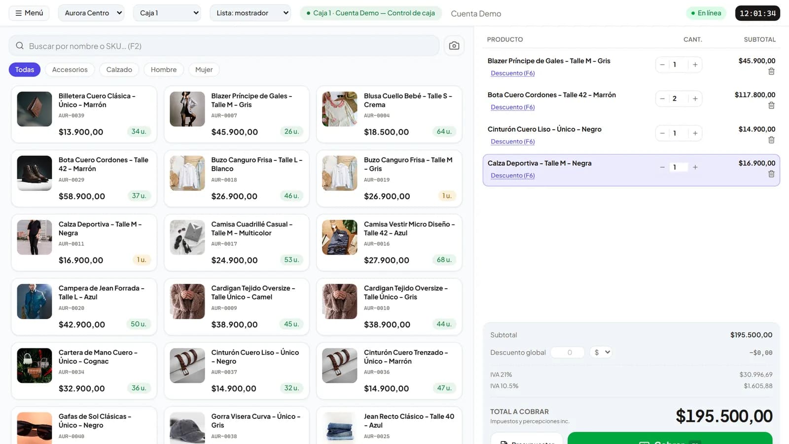 Pantalla del punto de venta de Vende Nube con productos de una tienda de ropa y un carrito listo para cobrar
